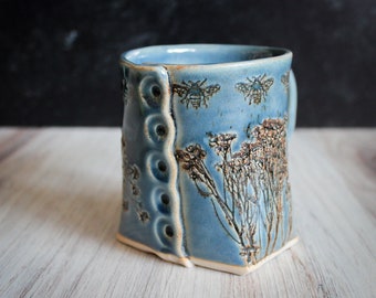 Blue Bee Button Mug, Bee Mug, Ceramic Bee Mug, Bumble Bee Mug, Handmade Ceramic Mug, Farm House Kitchen Mug, Boho Mug, Garden Gift for Mom