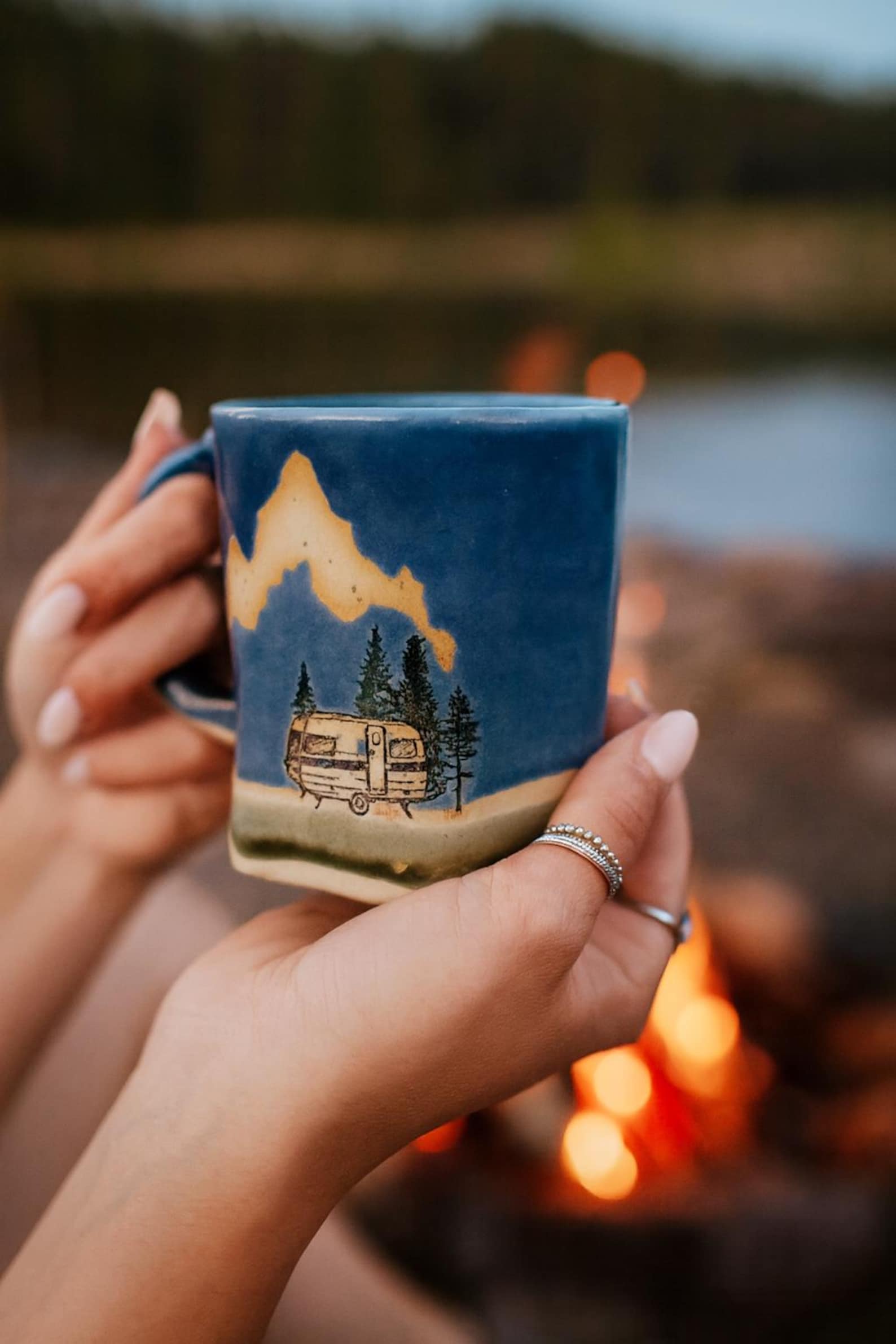 Camping Mug, Mountain Climbing Mug, Fireflies, Camping Coffee Cup, Hiking Gift, North Woods Camping Cup, Ceramic Mug Handmade, Camper Decor