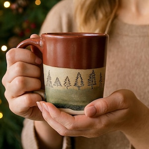 Christmas Tree Mug, Ceramic Christmas Mug, Pine Tree Mug, Red Green Coffee Cup, Winter Pottery Cup, Handmade Holiday Gift, Handmade Mug, Mug