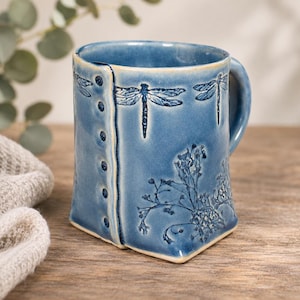 Blue Dragonfly Mug, Handmade Pottery Mug, Wildflower Ceramic Mug, Dragonfly Gift, Blue Floral Mug
