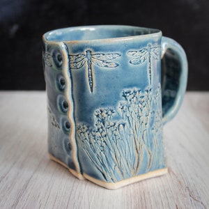 Blue Dragonfly Mug, Dragonfly Mug, Blue Flower Mug, Wild Flower Mug, Unique Handmade Pottery, Ceramic Handmade Mug, Unique Tea Cup