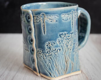 Blue Dragonfly Mug, Dragonfly Mug, Blue Flower Mug, Wild Flower Mug, Unique Handmade Pottery, Ceramic Handmade Mug, Unique Tea Cup