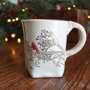 Red Cardinal Mug, Ceramic Christmas Mug, Cardinal Gift, Rustic Coffee Cup, Winter Pottery Cup, Handmade Holiday Mug, Handmade Mug, Cardinals image 2