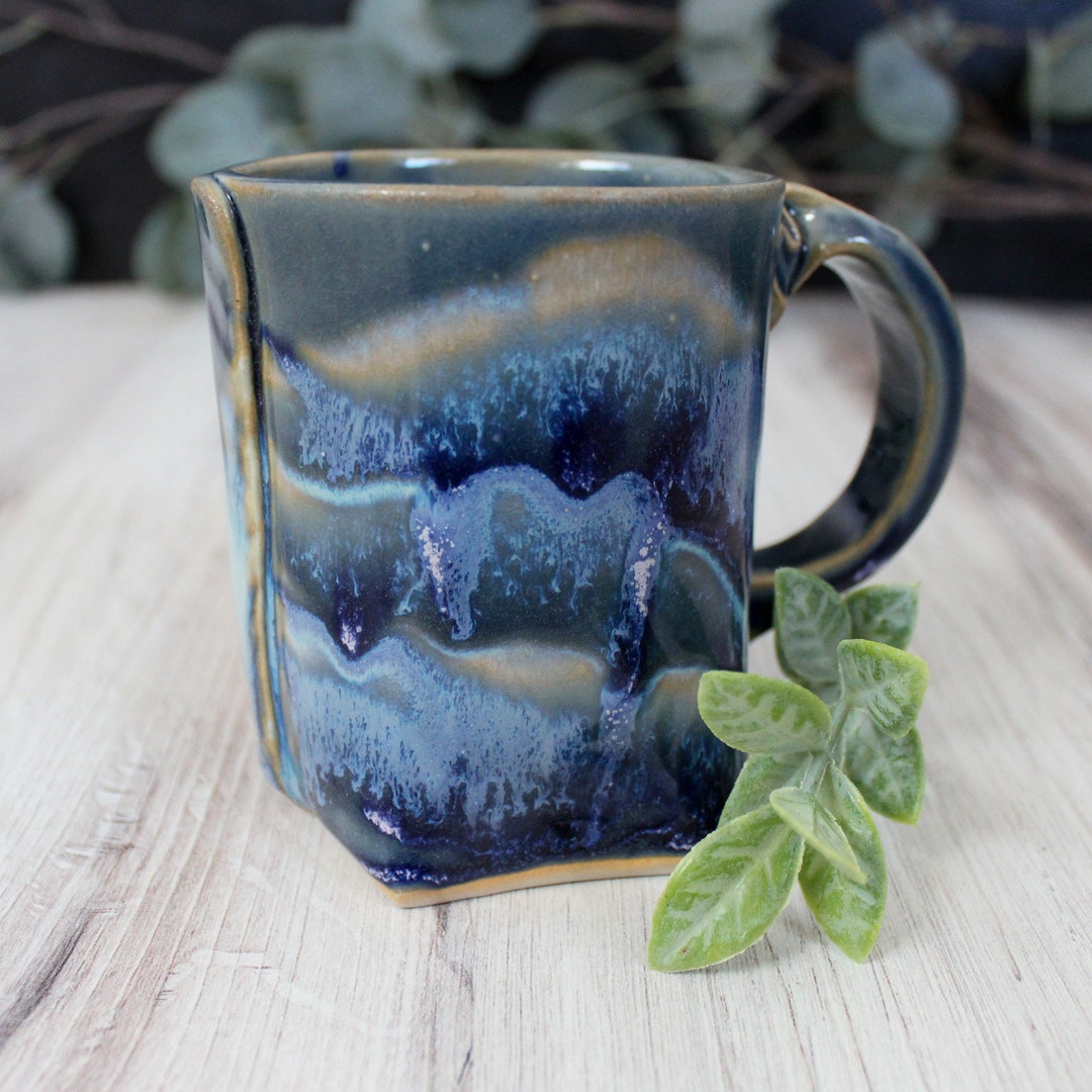Blue Drip Mug, Ocean Glaze Ceramic Cup, Blue Glazed Pottery, Blue