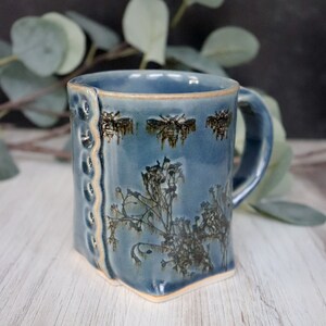 Drippy Blue Bee Button Mug, Bee Mug, Ceramic Bee Mug, Bumble Bee Mug, Handmade Ceramic Mug, Farm House Mug, Boho Mug, Garden Gift for Mom