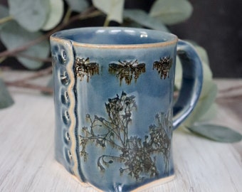 Drippy Blue Bee Button Mug, Bee Mug, Ceramic Bee Mug, Bumble Bee Mug, Handmade Ceramic Mug, Farm House Mug, Boho Mug, Garden Gift for Mom