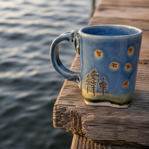 Handmade Firefly Mug, Pine Tree Coffee Mug, Camping Gift, North Woods Ceramic Mug