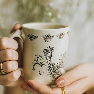 Bumble Bee Mug, White Bee Mug, Handmade Ceramic Mug, Farmhouse Kitchen Mug, Handmade Kitchen Mug, Garden Gifts For Mom, Dishwasher Safe Mug
