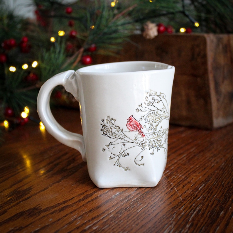 Red Cardinal Mug, Ceramic Christmas Mug, Cardinal Gift, Rustic Coffee Cup, Winter Pottery Cup, Handmade Holiday Mug, Handmade Mug, Cardinals image 4