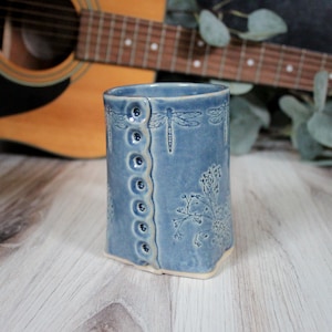 Large Blue Dragonfly Mug, Dragonfly Mug, Blue Flower Mug, Wild Flower Mug, Unique Handmade Pottery, Ceramic Handmade Mug, Unique Tea Cup