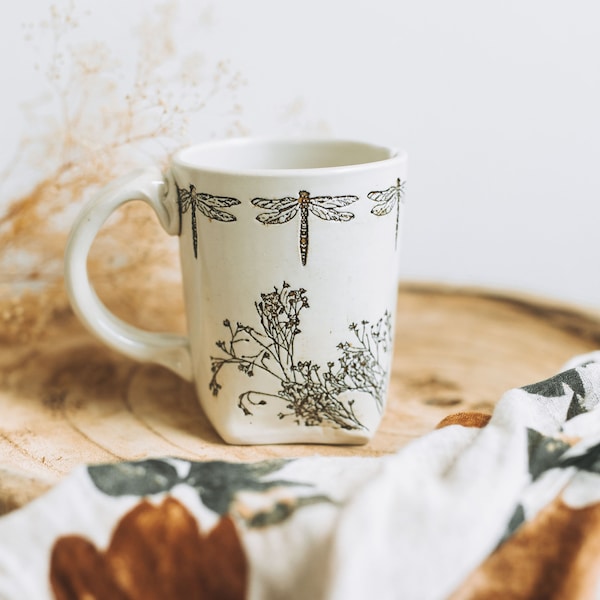 White Dragonfly Mug, Dragonfly Mug, Handmade Mug, Unique Coffee Mug Handmade, Wild Flower Mug, Flower Mug, Garden Gifts For Her, Boho Mug