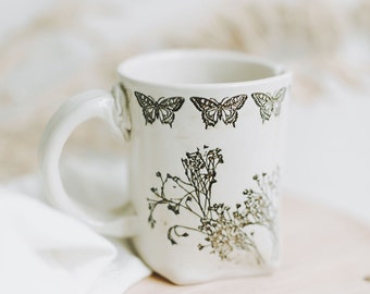 White Butterfly Button Mug, Butterfly Mug, Ceramic Butterfly Mug, Butterfly Mug, Handmade Ceramic Mug, Boho Mug, Garden Gift for Mom, Garden