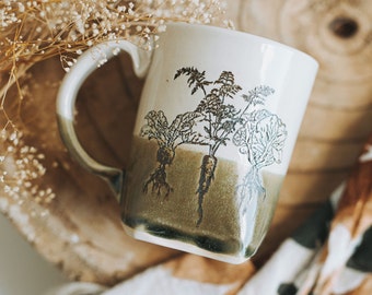 Root Vegetable Mug, Gardening Gift, Garden Mug, Vegan coffee mug, Handmade Mug, Unique Coffee Mug, Ceramic Mug Handmade, Slab Built Mug