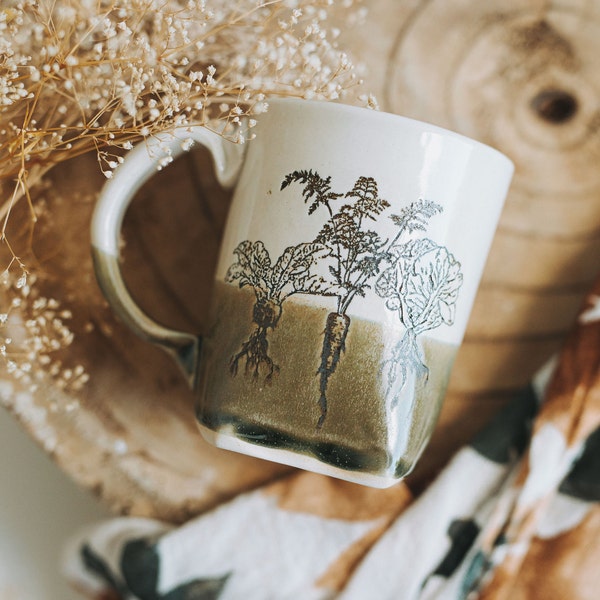 Root Vegetable Mug, Gardening Gift, Garden Mug, Vegan coffee mug, Handmade Mug, Unique Coffee Mug, Ceramic Mug Handmade, Slab Built Mug