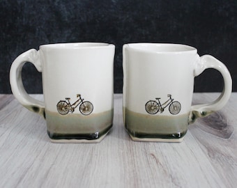 Bike Mug Pair, Outdoorsy Mug, Mountain Bike Gift, Bicycle, Slab Made Mug, Personalized Handmade Mugs, Dishwasher Safe Mug, Unique Gift, Mug