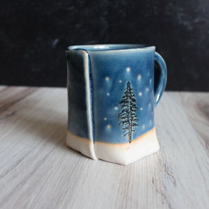 Starry Night Mug, Tree Mug, Camping Mug, Camping Coffee Cup, Northern lights, Rustic Kitchen Accessories, Handmade Ceramic Christmas Mug