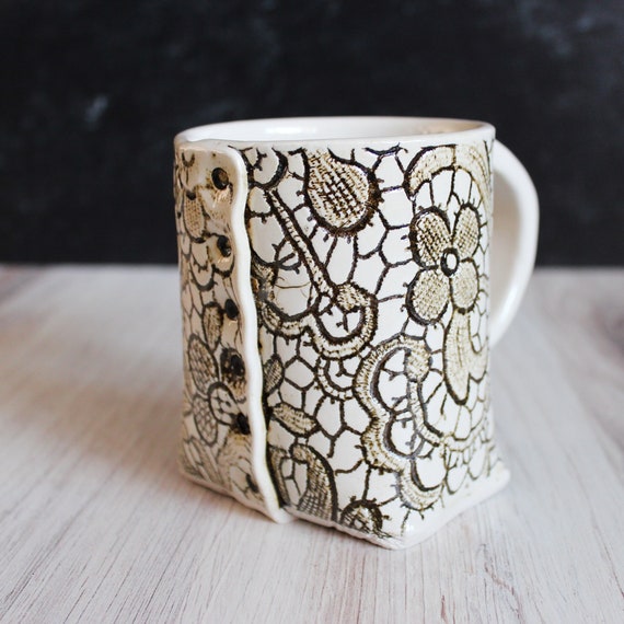 White Lace Mug, Colleen Deiss Designs, Ceramic Coffee Cup, Slab