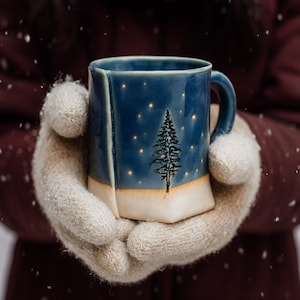Starry Night Mug, Tree Mug, Camping Mug, Camping Coffee Cup, Northern lights, Rustic Kitchen Accessories, Handmade Ceramic Christmas Mug