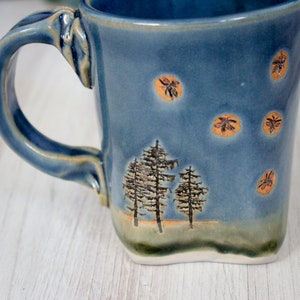 Firefly Mug, Pine Tree Mug, Up North Summer Mug, Camping Coffee Cup, North Woods Rustic Kitchen Accessories, Handmade Ceramic Coffee Cup