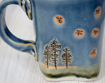 Firefly Mug, Pine Tree Mug, Up North Summer Mug, Camping Coffee Cup, North Woods Rustic Kitchen Accessories, Handmade Ceramic Coffee Cup