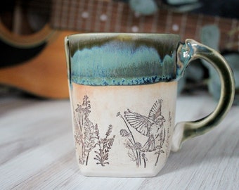 Green Bird Ceramic Mug, Gardening Gift for Mom, Bird Lover Gift Ideas, Bird Mug, Unique Coffee Mug, Ceramic Mug Handmade, Mother's Day Mug