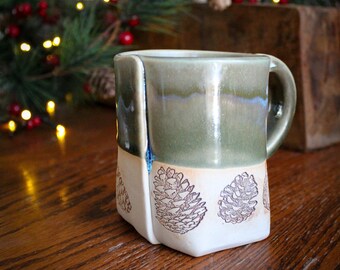 Green Pine Cone Mug, Ceramic Christmas Mug, Pine Tree Mug, Rustic Coffee Cup, Winter Cup, Handmade Holiday Mug, Handmade Mug, Pine Cones