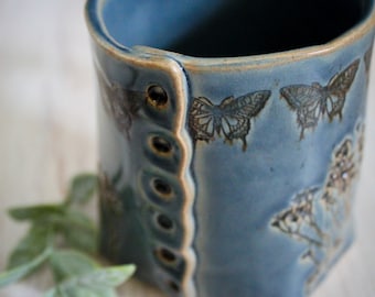 Blue Butterfly Button Mug, Butterfly Mug, Ceramic Butterfly Mug, Butterfly Mug, Handmade Ceramic Mug, Boho Mug, Garden Gift for Mom, Garden