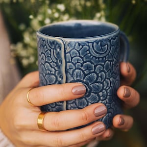 Blue Lace Mug, Handmade Ceramic Coffee Mug, Unique Tea Cup, Lace Pottery, Stoneware Mug, Farmhouse Kitchen Coffee Cup, Button Mug, Colleen