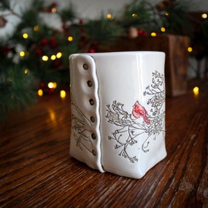 Red Cardinal Mug, Ceramic Christmas Mug, Cardinal Gift, Rustic Coffee Cup, Winter Pottery Cup, Handmade Holiday Mug, Handmade Mug, Cardinals image 3