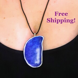Ceramic and Glass Blue Pendant Necklace, Handmade & Free Shipping