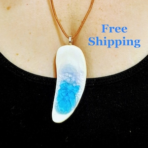 Ceramic and Glass Pendant Necklace, Turquoise, Blue and White, Handmade & Free Shipping