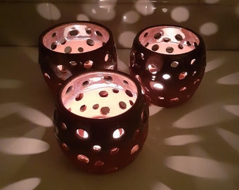 Handmade, Ceramic, tea light candle holder-- lantern, luminary with pierced design.