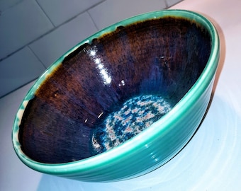 Large Handmade Pottery Bowl with Colorful Glaze Mixing