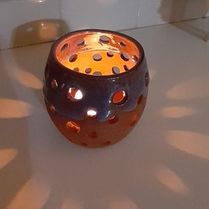 Handmade, Ceramic, tea light candle holder lantern, luminary with pierced design. image 5