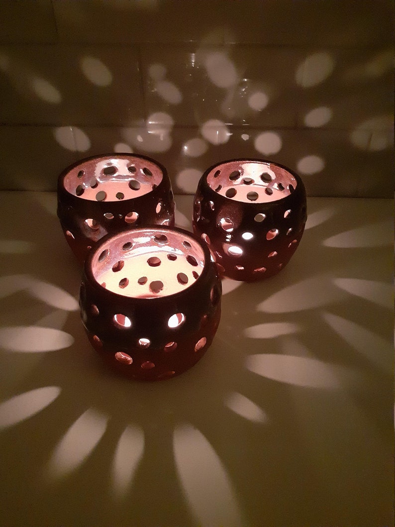 Handmade, Ceramic, tea light candle holder lantern, luminary with pierced design. image 1