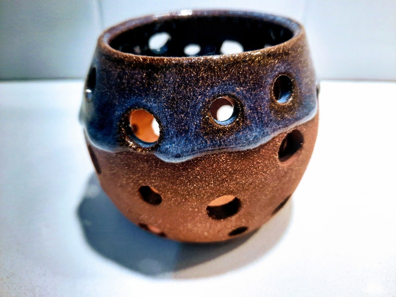 Handmade, Ceramic, tea light candle holder lantern, luminary with pierced design. image 6