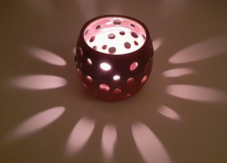 Handmade, Ceramic, tea light candle holder lantern, luminary with pierced design. image 2