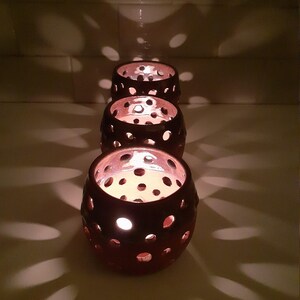 Handmade, Ceramic, tea light candle holder lantern, luminary with pierced design. image 4