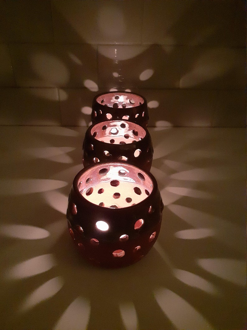 Handmade, Ceramic, tea light candle holder lantern, luminary with pierced design. image 4