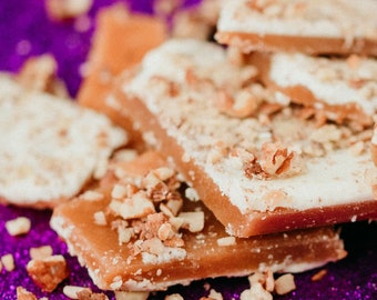 Tasty Good Toffee, White Chocolate Pecan Toffee, Handmade: Lincoln, Nebraska, English Butter Crunch Toffee Brittle