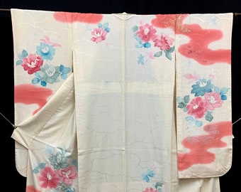 Japanese FURISODE Kimono/ Silk Kimono/ Embroidery/ Long Kimono Dress/ Wedding Kimono/ 042903