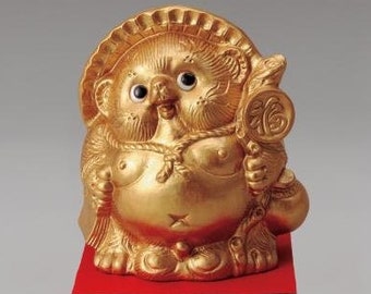 Tanuki Statue/ Japanese Vintage Shigaraki ware/ Rare Gold Tanuki Statue/ Made in Japan/  Happy Racoon dog / Shigaraki Pottery