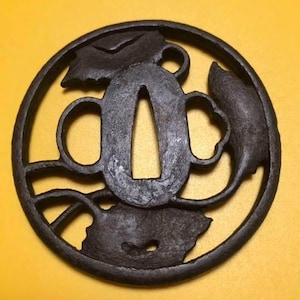 Japanese Authentic Iron TSUBA/ 1860&#39;s, Iron KATANA TSUBA/ Sword&#39;s Hand Guard/ Samurai Katana/ From Japan/ for paperweight / 0522t1