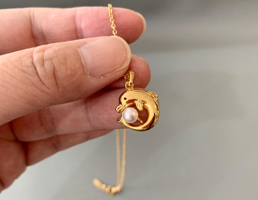 Japanese Akoya Pearl K14 Pendant, Vintage Pearl Pendant With Dolphin ...