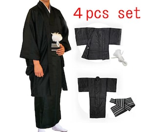 4 pcs/ Men's Kimono, Obi Belt, Haori Jacket, Haori Himo set/ Japanese Men Kimono Robe + Obi / Samurai  Kimono / Samurai Cosplay　
