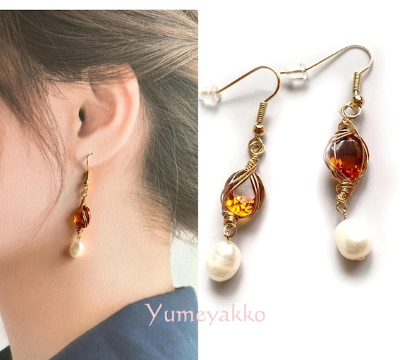 Akoya Pearl & Citrine  Earrings/ Natural Akoya Pearl Earrings/ Japanese Akoya Pearl/ from Japan/ 081102　　　　