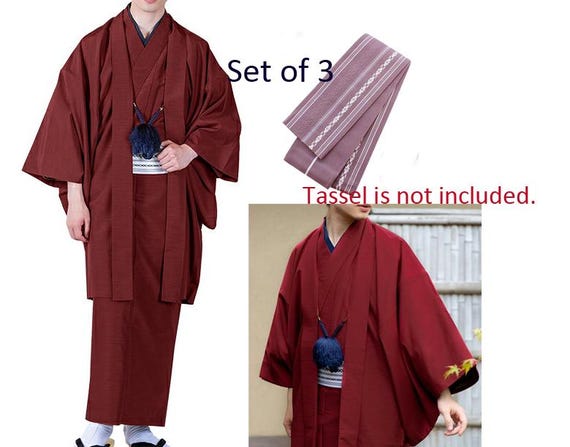 Men's 3-piece Synthetic Silk Kimono Set, Obi Belt, Haori Jacket - Etsy