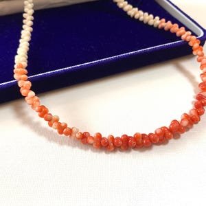 K&ouml;nnte beinhalten: Eine Halskette aus kleinen, unregelm&auml;&szlig;ig geformten, organischen Perlen, die farblich von einem blassen Cremewei&szlig; zu einem leuchtenden Orangerot verlaufen. Die Perlen sind auf einem durchgehenden Strang aufgereiht und erzeugen einen Farbverlauf.