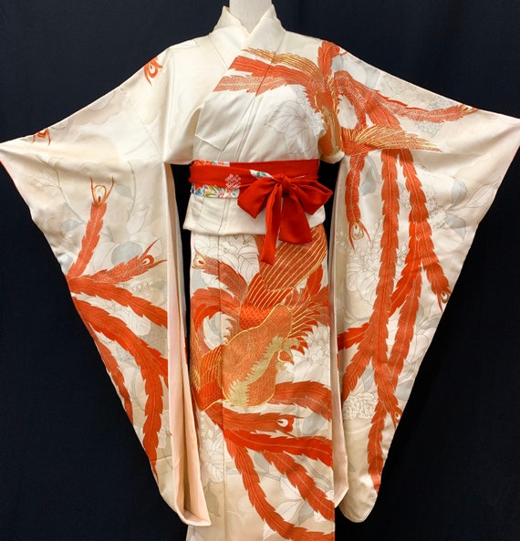 Japanese FURISODE Kimono/ Antique Silk Kimono/ Lon