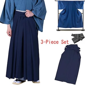 Set of 3/ Men&#39;s Kimono, Obi Belt Hakama set/ Japanese Men Kimono Robe + Obi + Hakama/ Samurai  Kimono / Samurai Cosplay
